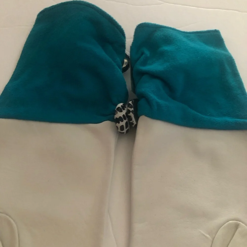 Vintage Glitz 15in 100% Capeskin Leather And Silk White &Teal Gloves 8/ XL